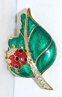 Beautiful Enameled RED LADY BUG BROOCH (2" x 1¼") with Bejeweled STEM & Chewed GREEN LEAF on a Gold Tone Setting
