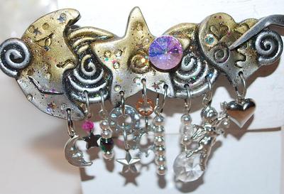 Large HEARTS, STARS & MOONS BROOCH (3¾" x 2¼") with Baubles and Dangles on a Black Enameled Setting