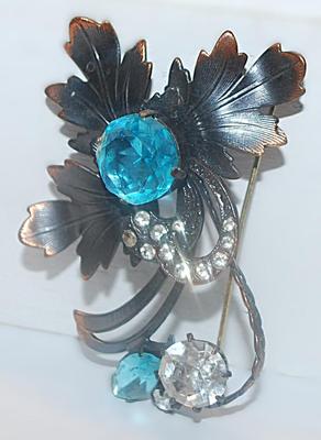 Beautiful Vintage-Style Rust & Black BEJEWELED BROOCH (2¾" x 2") with Large Blue and Clear Stone Accents on a Dark Setting