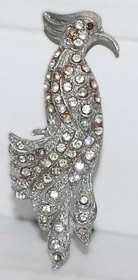 VINTAGE BEJEWELED PEACOCK-STYLE BIRD BROOCH (3" x 1") with RED Eye on a Solid Silver Tone Setting