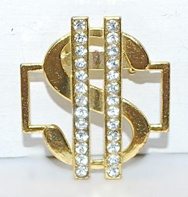Gold Color DOLLAR SIGN BROOCH (1½" x 1¼") with 2 Vertical Rows of Round Clear Stones on a Gold Tone Setting