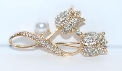 Gold Edged Color Outline Bejeweled TULIPS BROOCH (2" x 1") with Twisted Stem & Large Faux Pearl on a Gold Tone Setting