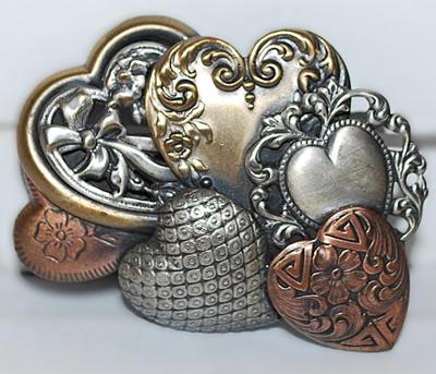 "SIX HEARTS" BROOCH (2¾" x 2") with Various Metal Colors on a Dark Setting