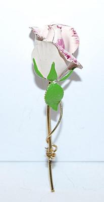 Purple & Lite Pink ROSE BROOCH (3¼" x 1") with Long Stem and Green Leaves on a Gold Tone Setting