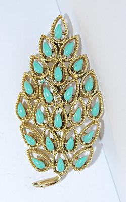 Beautiful Teardrop "JADE" TREE BROOCH (2¼" x 1⅛") Marked "©Gerrys" and Turquoise Colored Leaves on a Gold...