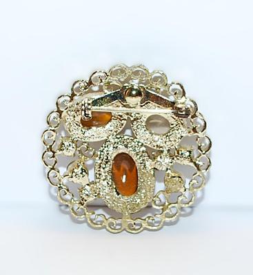 Triple Oval AMBER & WHITE STONES BROOCH (1½" Diam.) with Amber Accents Stones and Filagree Style Gold Tone Setting
