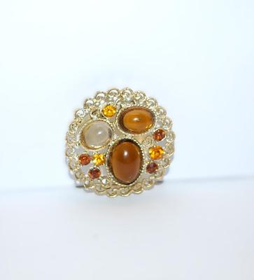 Triple Oval AMBER & WHITE STONES BROOCH (1½" Diam.) with Amber Accents Stones and Filagree Style Gold Tone Setting
