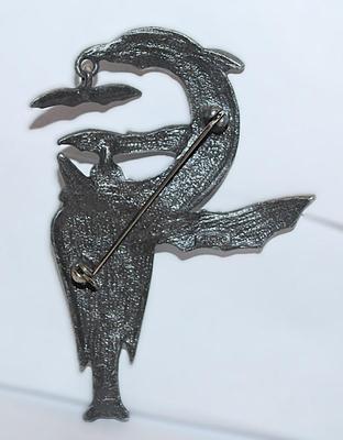 Silver Tone VAMPIRE & DANGLING BATS BROOCH (3" x 2") - Marked "©AJC" with Cape and Silver Tone Setting