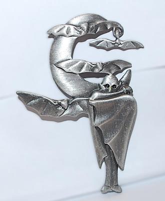 Silver Tone VAMPIRE & DANGLING BATS BROOCH (3" x 2") - Marked "©AJC" with Cape and Silver Tone Setting