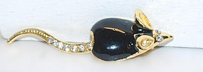 Small BLACK MOUSE BROOCH (2" x ½") with MOVEABLE Bejeweled TAIL & Gold Colored Ears and Face on a Gold Tone Setting