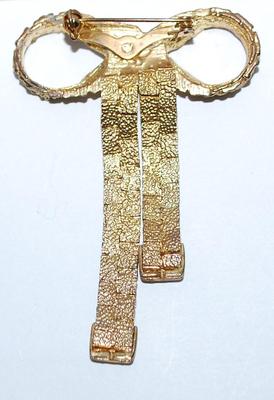 Large Brass-Style BOWTIE BROOCH (3" x 2") with Segmented Movable Dangle Ribbons on a Dark "Brass" Setting