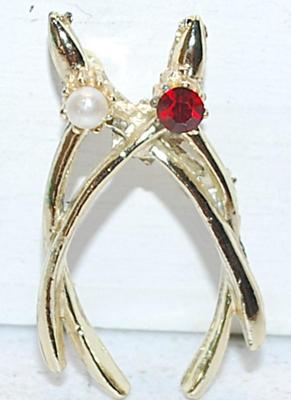 Double "WISH BONES" BROOCH (1½" x ¾") with Faux White Pearl & Cranberry Red Round Stone Accents and Gold Tone...