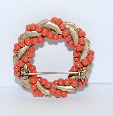 Intertwined ORANGE & GOLD Colored WREATH BROOCH (1¼" Diam.) with a Bead and Rope Style Motif