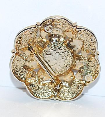 Stunning Bejeweled Double Layered STAR BROOCH (1¾" Diam.) with Half Cut Faux "Pearl" Globe on a Gold Tone Setting