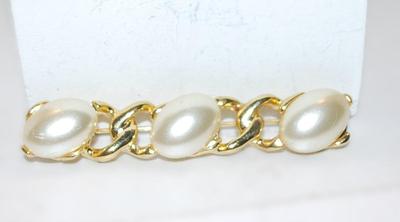 Triple Polymer White Oval Buttons BAR BROOCH (3" x ½") on a Chain Style Gold Tone Setting