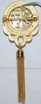 Graphic Designed Brushed Gold Colored Circle BROOCH (3¾" x 1½") with Dangle Chains on a Gold Tone Setting