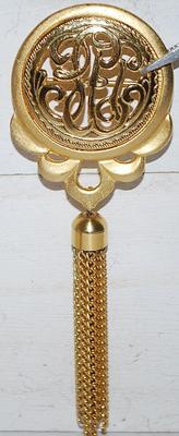 Graphic Designed Brushed Gold Colored Circle BROOCH (3¾" x 1½") with Dangle Chains on a Gold Tone Setting