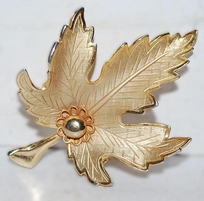 Gold Colored OAK LEAF BROOCH (2¼" x 1¾") with Silver Half Globe Accent on a Metal Gold Tone Setting