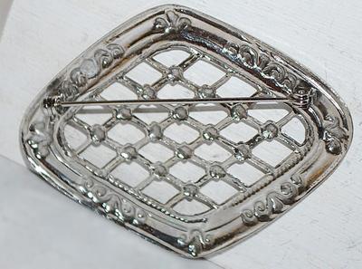 Trapezoid Shaped Silver Colored GRILL BROOCH (2¼" x 1¾") on a Silver Tone Setting