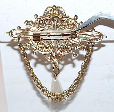 Vintage-Style White Oval Button BROOCH (2" x 2") with Chain Dangles on a Gold Tone Setting