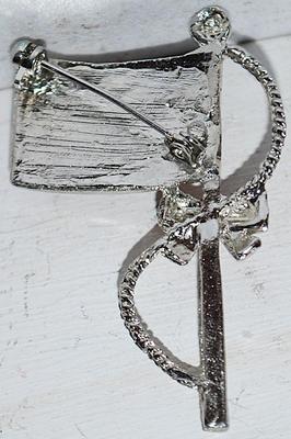 Enameled USA FLAG BROOCH (1¾" x 1¼") with Pole, RED Ribbon & Tassel Rope on a Silver Tone Setting