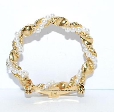 PINK Enameled Swirled Circle BROOCH (1½" Diam.) with Intertwined Faux Pearls & Gold Colored Ribbon