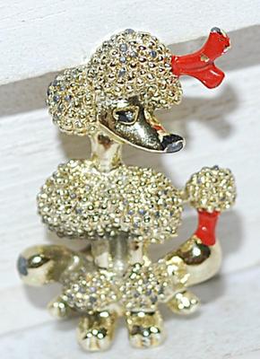 Small Dimpled POODLE BROOCH (1¼" x ¾") with Red Ribbon and Knotted Tail on a Gold Tone Setting