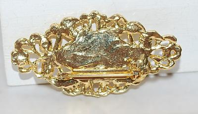 Oval Faux White Pearl BAR BROOCH (2" x 1") with Filigree-Style Side Accents on a Gold Tone Setting