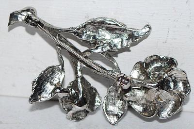 Double Flowers & Black Leaves BROOCH (2¼" x 1½") on a Solid Silver Tone Setting