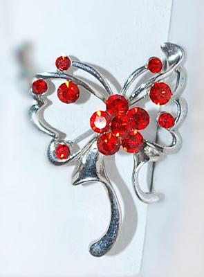 RED Rhinestone Swirled BUTTERFLY BROOCH (2" x 1½") on a Silver Tone Setting