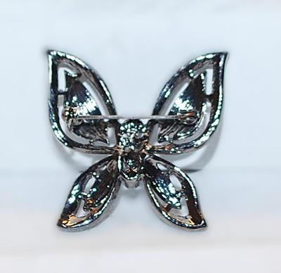 Vintage Style Dark Colored Bejeweled BUTTERFLY BROOCH (1¾" x 1½") on a Silver Tone Setting