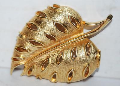 Brushed Gold Colored Perforated LEAF BROOCH (2½" x 1½") on a Solid Gold Tone Setting