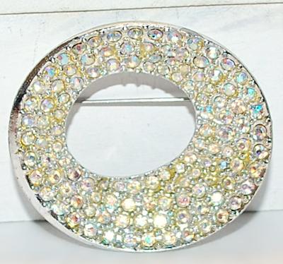 Oblong Oval "Bowl Style" BROOCH (2" x 1¾") Bejeweled with Iridescent Stone Accents on a Silver Tone Setting