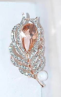 Bejeweled Sprig & Champagne Teardrop Stone BROOCH (2¼" x 1") with White Globe on a Rose Gold Setting