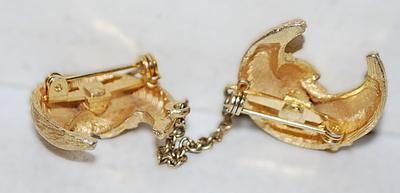Double Brushed Gold Colored CHAINED HALF MOON BROOCH (1" x 1") on a Gold Tone Setting