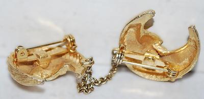 Double Brushed Gold Colored CHAINED HALF MOON BROOCH (1" x 1") on a Gold Tone Setting
