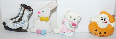 KID'S Set of 4 BROOCHES (2" to 1¼") with Bunny, Kitten, Ice Skates & Pumpkin