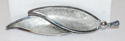 Double Silver Colored LEAF BROOCH (3½" x ¾") with Silver Ball on a Silver Tone Setting