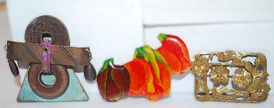 Collection of 3 Assorted BROOCHES - Tin Pumpkin, Rectangle Metal Garden Bouquet & Metal Graphic Design Piece