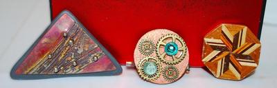 Collection of 3 Assorted BROOCHES - Round Gears, Octagon Star & Triangle Graphic Designed Piece