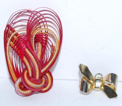 Collection of 2 Assorted BROOCHES - Red Knotted Ribbon and Gold Tone Bowtie