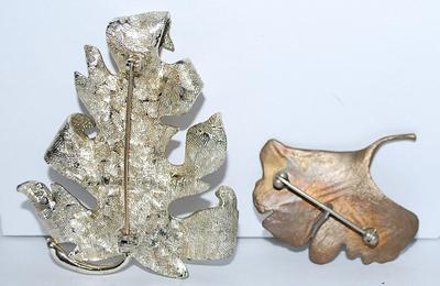 Collection of 2 Assorted LEAF BROOCHES - "Silver Colored" Oak (2½" x 2½") & "Bronze" Aspen (1¾" x...