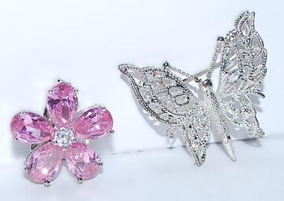 Collection of 2 Assorted BROOCHES - 5 PINK Pear Stones Star (1" Diam.) & Silver Tone Hollowed Out Wings Butterfly (1½" x...
