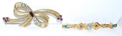Collection of 2 BROOCHES - Bar Style with Stones (2" x ¼") & Bowtie Ribbon with Purple/White Stones (2½" x 1")