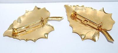 Identical PAIR of Gold Colored LEAF BROOCHES (2" x 1½") with Gold Tone Settings