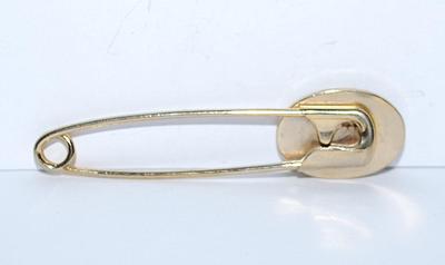 "Safety Pin" BROOCH (2⅛" x½") with Single Clear Stone on an Oval Silver Tone Curved Setting