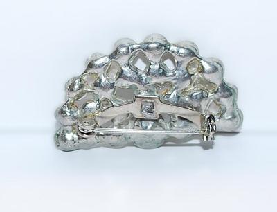 Vintage Bejeweled FAN BROOCH (1½" x ¾") with Single Faux PEARL and a Silver Tone Setting