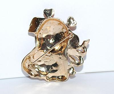 Brown PUPPY BROOCH (1¾" x 1¾") with a Pink Stone "Pave" HEART and Red-Heart Ears & Bow and Gold Tone Setting