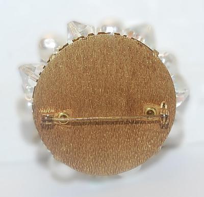 Faux Pearl BROOCH (1¾" Diam.) with Clear Stone "Tips" and Iridescent Prism Beads with Dark Gold Tone Setting