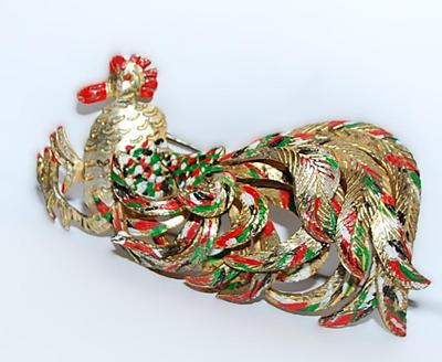 Vintage-Style Red, Green & Gold Colored ROOSTER BROOCH (2½" x 1¼") on a "Brass" Colored Setting